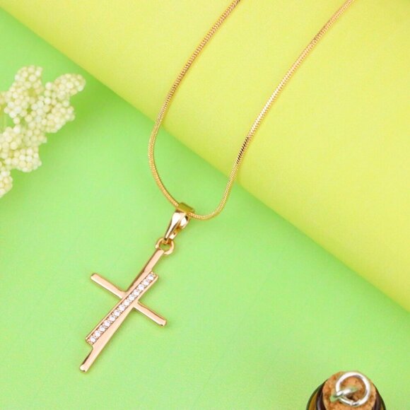 "Elegant Rose Gold Cross Pendant with Embedded CZ Accents, XPPT1266 - Picture 3 of 13
